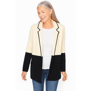 NWT Talbots Cardigan Sweater PXL Long Wool Blend Open Cream Black Colorblock